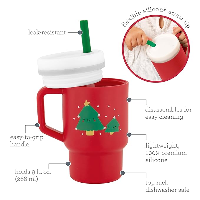 Infantino My 1st Tumbler, Silicone Sippy Cup with Straw & Handle, Spill-Resistant Baby Cup for On-the-Go, BPA-Free Transition Bottle, Christmas Tree