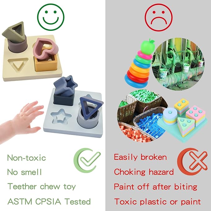 Baby Stacking Building Blocks Silicone Teething&Squeezing Shape Sorter Puzzle Montessori Sensory Toys for Babies Toddlers 6 to 12 Months(Blue)