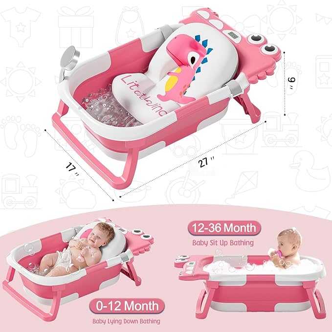 TPN Collapsible Baby Bathtub, Baby Bath Tub with Soft Cushion & Real-Time Thermometer, Baby Bathtub Infant to Toddler Tub (0-36 Months), Portable Travel Baby Tubs for Newborns (Pink)