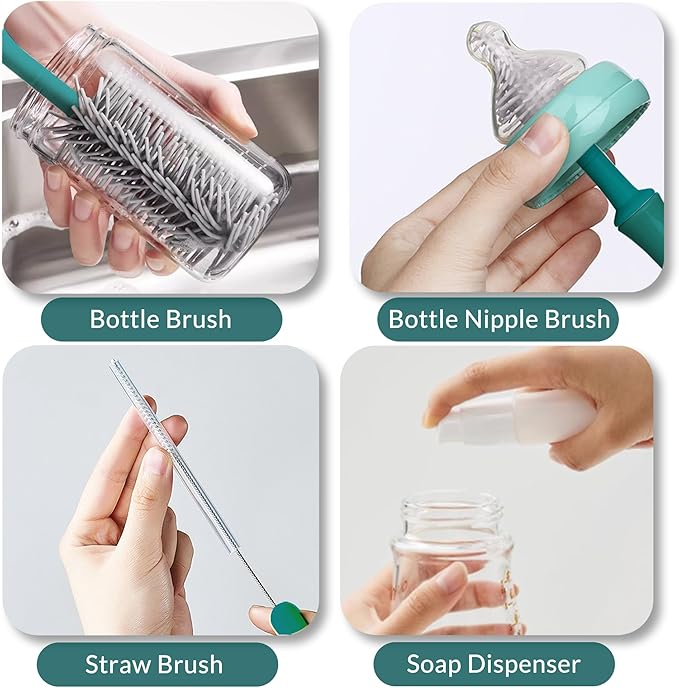 Portable Baby Bottle Brush Set with Multiple Brushes,Soap Dispenser, Foldable Bottle Drying Rack for 16 Bottles, Bottle Cleaner Brush Set for Bottles and Baby Accessories, Baby Travel Essential
