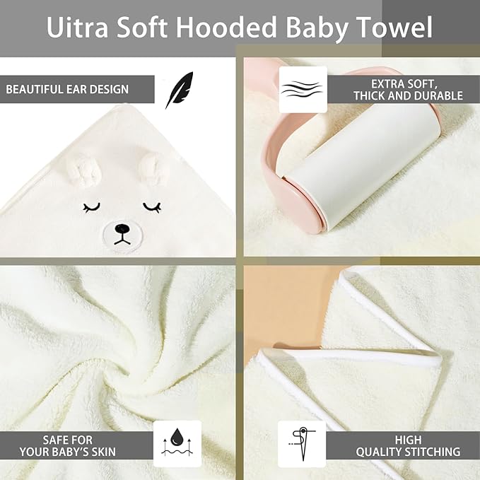 2 Pcs Baby Hooded Towels,31 x 31 in Baby Washcloths, Infant Super Soft Baby Bath Towels with Hood for Toddlers1-3,Highly Absorbent Viscose Hooded Towel for Boys, Girls, Newborn Essentials