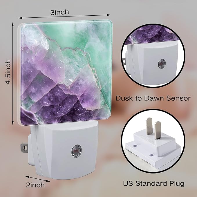 Purple Green Fluorite Marble Night Light, Luxury Rock Gemstone Dusk to Dawn Night Light Plug in, 0.5w Energy Saving Sleep Friendly NightLight for Kids Boys Girls Home Decor