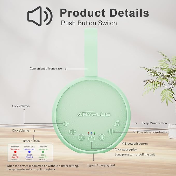 White Noise Sound Machine for Sleeping Adults & Baby, Portable Noise Machine with 24 Soothing Sounds, Bluetooth 5.1, Battery Powered, 3 Timer Settings, Memory Function for Home, Office, Travel(Green)