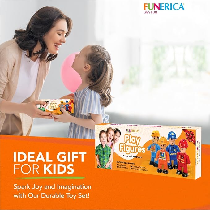 FUNERICA 8-Set Bendable Play People Figures for Kids - Firefighters, Police Officers, Construction Workers, Sanitation and Community Helpers Figurines