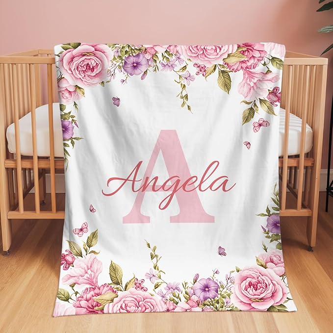 Personalized Baby Blankets for Girls & Boys - Super Soft Easter Blanket with Thick Double-Layer Dotted Backing, Personalized Baby Gifts for Baby Shower from Grandma (Rosr Pink, Customize Now)
