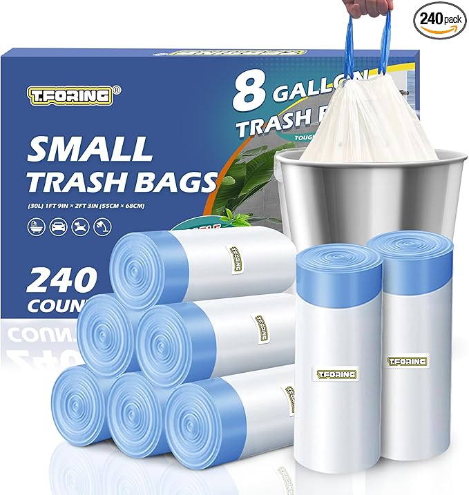 240 Count 8 Gallon Trash Bags Drawstring - 1.2 Mil White Medium Garbage Bags Unscented, 30 Liter Thick Plastic Trash Can Liners for Home Kitchen Bathroom