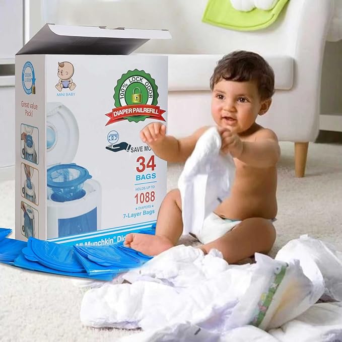 Diaper Pail Refill Bags 34 Bags 1088 Counts Compatible with Arm&Hammer Disposal System, 100% Lock Odor, Seal and Toss Diaper Pail Refills