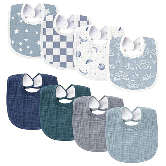 Konssy Muslin Baby Bibs 8 Pack Baby Bandana Drool Bibs Cotton for Unisex Boys and Girls, Soft Absorbent Set for Teething and Drooling