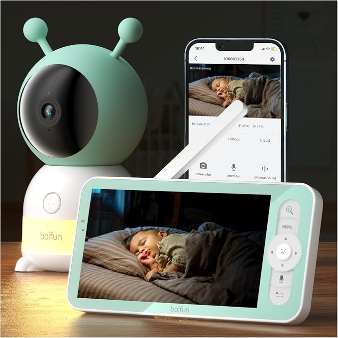 BOIFUN 2K WiFi Baby Monitor with Camera and Audio,Smartphone APP, Colorful Night Light, Smart AI Motion & Sound & Humidity & Temperature Detection, Auto Tracking,5-Inch Monitor Control, Night Vision