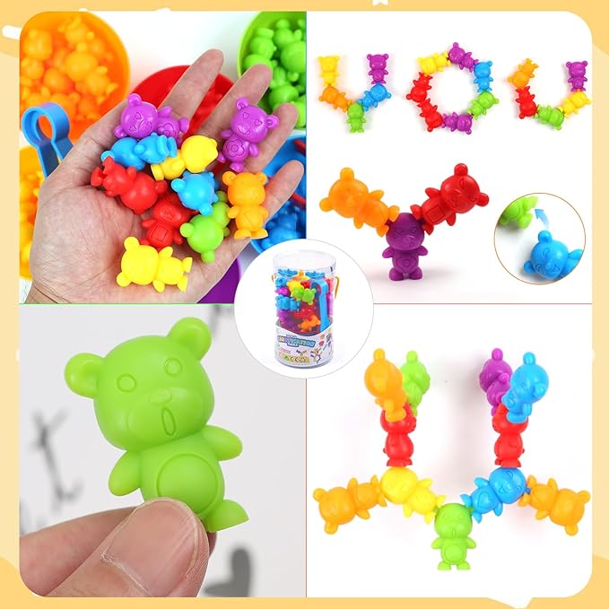 UNIQUE KIDS Counting Matching Game with Sorting Cups, Color Classification and Sensory Training Educational Learning Toys Set Gift for Toddlers Preschool Ages 3 Years and up (New Stacking Bear)