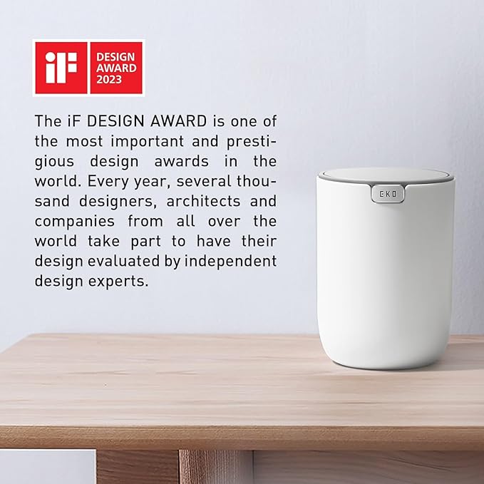 EKO Mini Desk Trash Can with Swing-Top Lid 0.4 Gallon Small Table Round Wastebasket for Office, Home, Car (White)