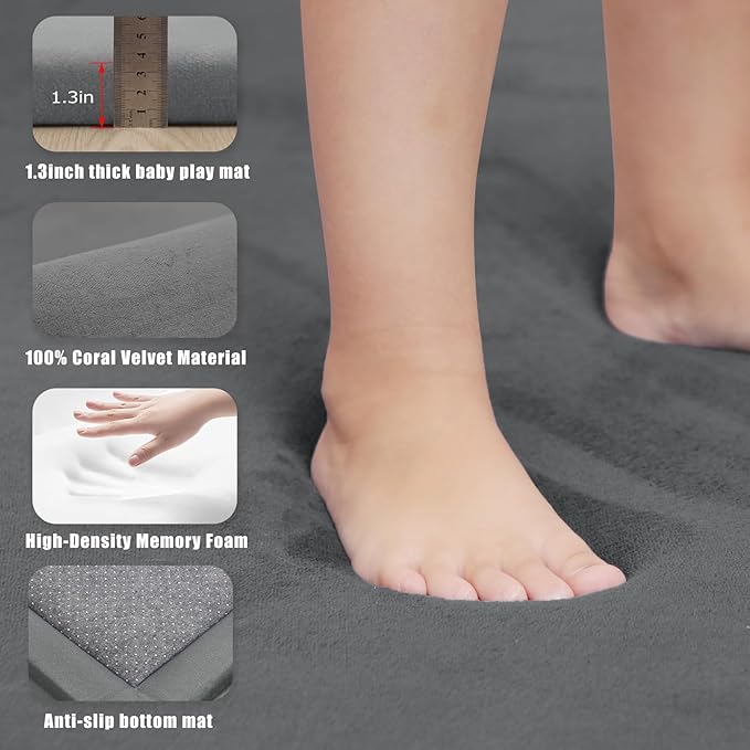 Baby Play Mat for Floor, 50 X 50x 1.3" Memory Foam Playpen Mat,Ultra Soft Tummy Time Mat with Non-Slip Backing, Baby Crawling Mat Child Nursery Rug for Infant, Toddlers, Kids (Dark Gray)