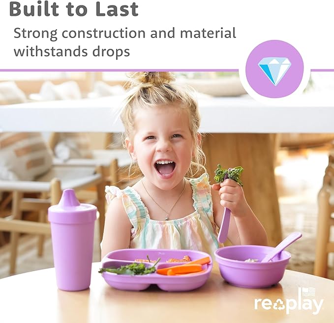 Re-Play Toddler Plates with Dividers - Deep-Walled 3 Compartments Divided Plates for Kids with 3 Lids - Dishwasher & Microwave Safe - Made in USA - Set of 3-7.37" x 7.37" x 1.25" - Desert Roses