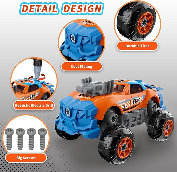 3-in-1 Take Apart Car for Boys Ages 3 4 5 6 7, Building Toys with Electric Drill, 43 Pcs Construction Toy Truck, Build Your Own Car with Play Tools, Ideal STEM Gift for Kids Children (Orange)
