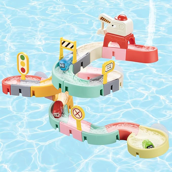 Car Slide Bath Toys for Kids Ages 4-8, Wall Track Building Set for 3-5 Year Old, Fun DIY Kit Bathtub Time Birthday Gift for Toddler Boys & Girls (37 PCS)