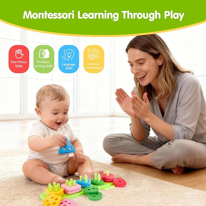 hahaland Toddler Toys 1-2 - Soft Textured Silicone Shape Color Sorting Stacking Montessori Toys for 1 Year Old Boy Girl Gifts, Sensory Toy for Toddlers 1-3 Motor Skills Learning Baby Toys 1 Year Old