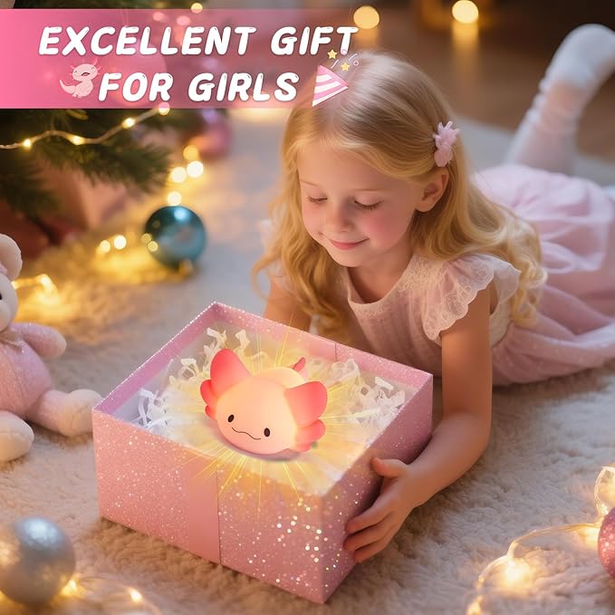 LOVERUIS Axolotl Night Light for Kids Gifts Squishy Nightlight for Kid Room Decor Girls Rechargeable 1/3 Hours Timer Lamp Colorful Cute Lights Toddle Baby (Big Eye)