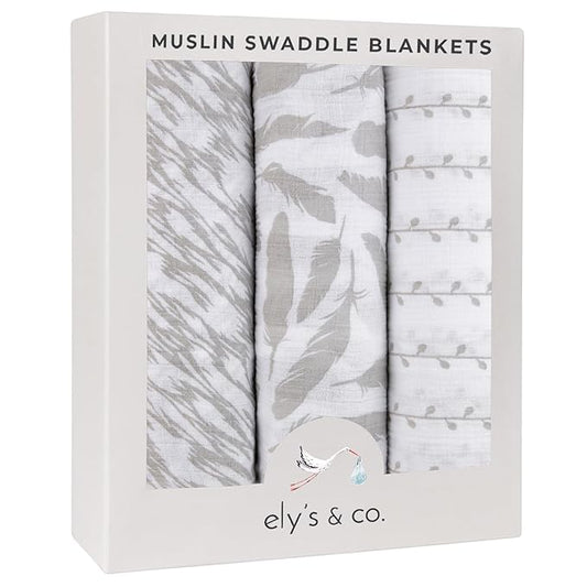 Muslin Swaddle Blanket 100% Soft Muslin Cotton 3 Pack 47"x 47" Classic Grey Combo Unisex for Baby Girl or Baby Boy