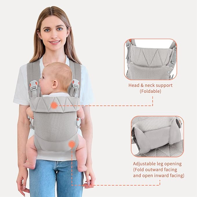 Newborn Carrier, Baby Carrier Newborn to Toddler, Ergonomic Baby Sling with Head Support,Light Grey