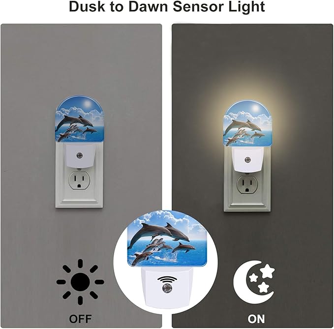 Jumping Dolphins Night Light Plug into Wall, Blue Sea and Bright Sky Dusk to Dawn Night Light Plug in,0.5w Energy Saving Sleep Friendly NightLight for Kids Boys Girls Home Decor