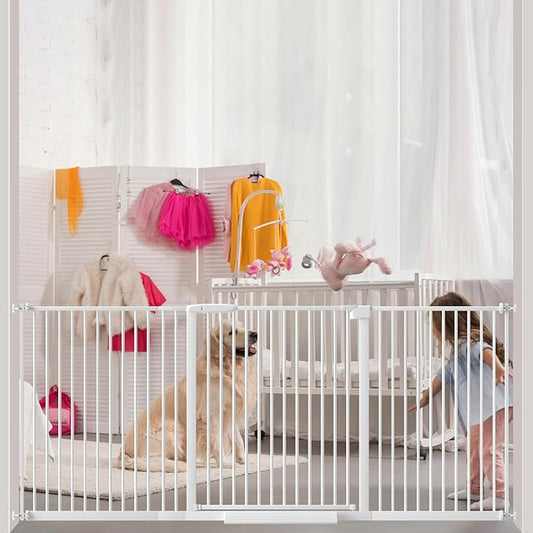Extra Wide Baby Gate 30.11-77.36",Ultra Narrow 1.37" Spacing Dog Gate indoor,Double Lock Auto Close Pet Gate for House,Pressure Mounted Baby Gate Easy Walk Through Pet Gate for Hallway(White)