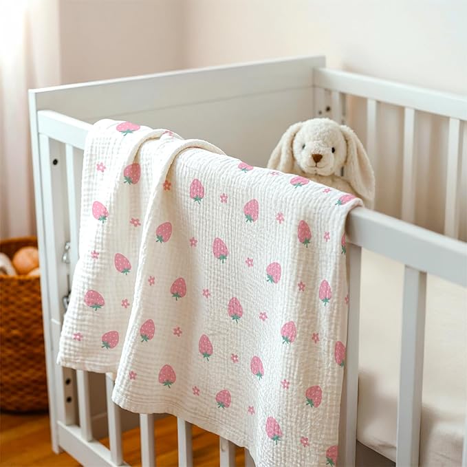 Strawberry Baby Blankets for Girls, Soft Nursery Minky Blankets with Muslin and Dotted Fleece Back 30x40 inches, Receiving Bed Quilt for Newborn, Infants, Toddlers