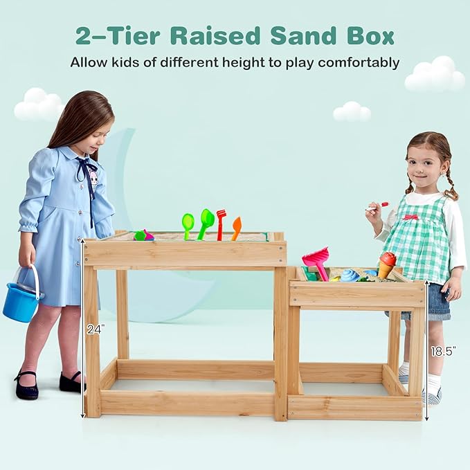 Costzon 2 PCS Wood Kids Sensory Table with Protective Cover, Built-in Liner, Space-Saving Nesting Design for Yard, Garden, Beach, Outdoor Play, Sand and Water Table for Children