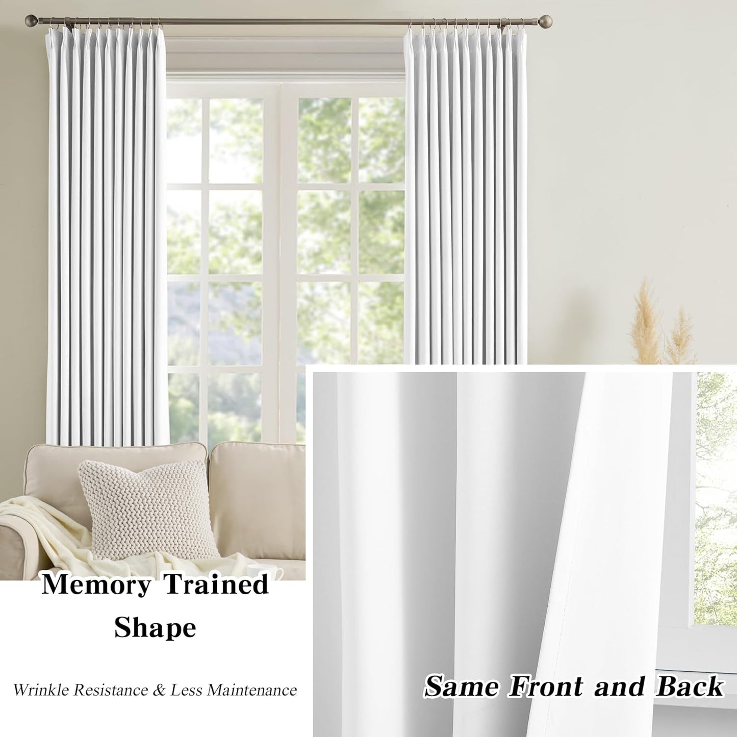 KEQIAOSUOCAI Pleated White Curtains 63 Inches Long,Half Blackout Room Darkening Short Window Curtain 63 Inch Length 2 Panel Set,Pinch Pleated Curtains with Hooks,40 by 63,Set of 2