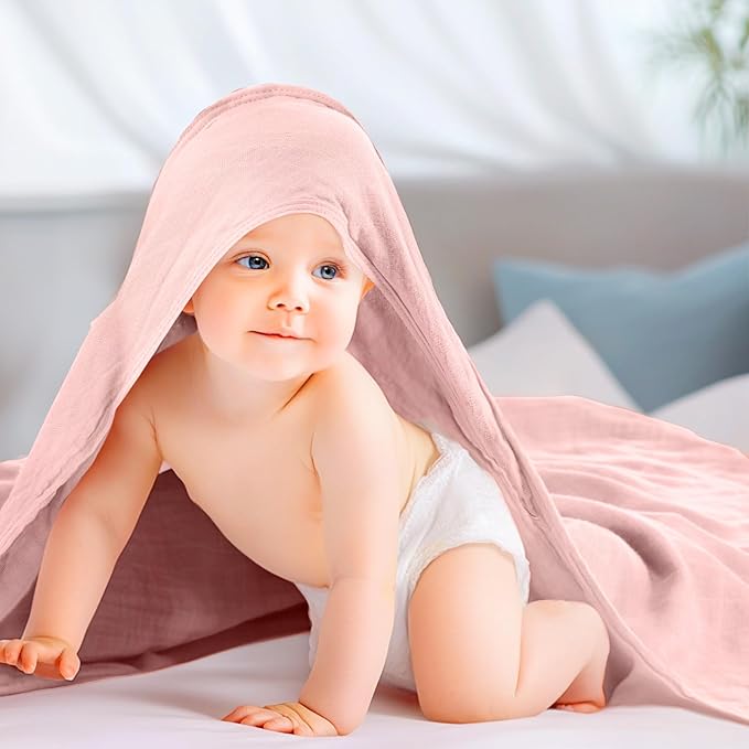 Preboun 6 Pcs Muslin Hooded Baby Towels and Washcloths 32"x 32" Cotton Newborn Bath Towel Anti-Shrink Infant Baby Blankets with Hood 12"x 12" Washcloths for Girl Boy Toddler(Pink,Dark Pink)