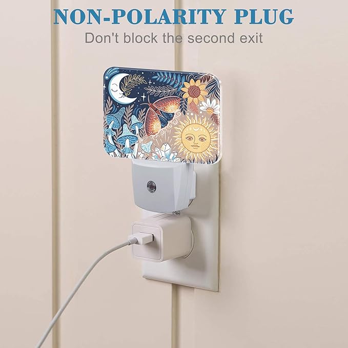 Boho Moth Mushroom Night Light for Kids, Sun and Moon With Faces LED Night Light Plug into Wall with Dusk to Dawn Sensor for Girls Boys Women Men Room, Hallway, Kitchen, Bathroom, Stairs Decor