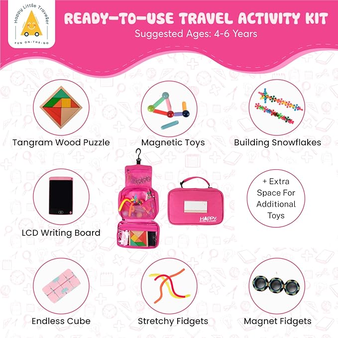 Travel Essentials for Kids – All-in-One Hanging Bag with Kid Toys, Road Trip Activities for Kids, Sensory Toys & Travel Games for Airplane Trips, Car Rides, Gifts for Boys & Girls Ages 4+ (Pink)