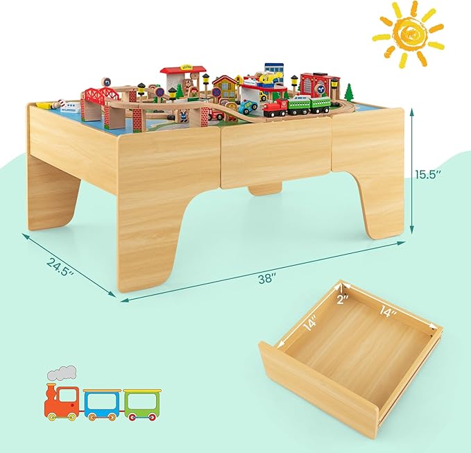 GLACER 84-Piece Train Table, Large Multipurpose Wooden Toy Activity Table Playset with Reversible Detachable Tabletop, Railway Tracks, Trains, Cars, DIY Design, Gift for Boys Girls Ages 3+