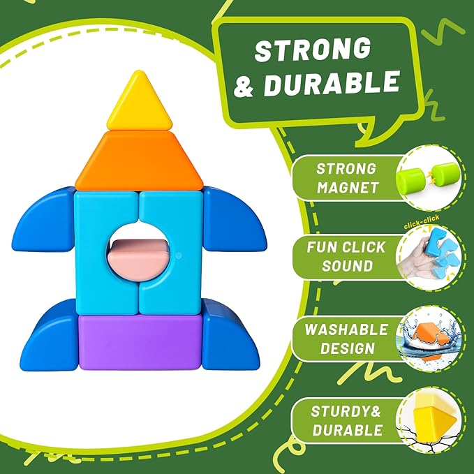 Magnetic Blocks for Toddlers 3-5, Large Magnetic Building Blocks Set, Colorful Stacking Blocks in 7 Fun Shapes, Preschool Learning Kit, Montessori & Sensory Toy for Kids Ages 3+ (14PCS)
