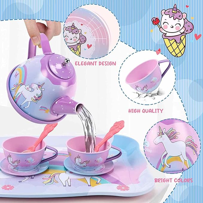 19Pcs Unicorn Tea Party Set – Birthday Gift for Girls Ages 3-6, Princess Pretend Play Kitchen Toy with Tin Tea Set