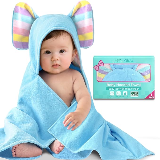 Thick Baby Hooded Bath Towel - 100% Cotton,500GSM, 33x31.5 Inches,0-2Years, Super Absorbent Large Towel with Cute Elephant Ears Hood for Newborn,Toddler,infant,Baby Essentials,Light Blue