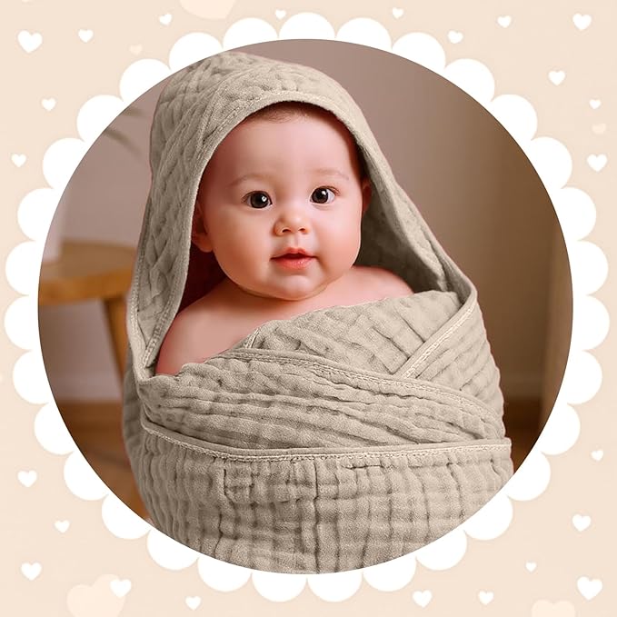 Peryiter 6 Pcs Muslin Hooded Baby Towels, 32"x 32" Cotton Newborn Bath Towel Muslin Infant Baby Blankets Absorbent Unisex Newborn Registry Gift Essentials for Girls Boys(Brown and Pink Series)