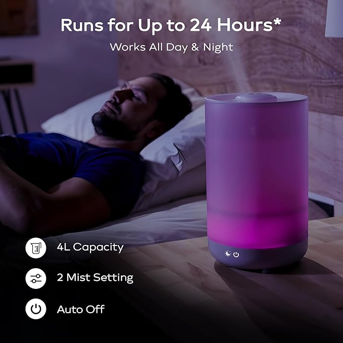 Bell+Howell 4L Top Fill Humidifiers for Bedroom, Color Changing Air Humidifier for Large Room, Cool Mist Humidifiers for Bedroom Baby Room Humidifier & Oil Diffuser with Auto Shutoff