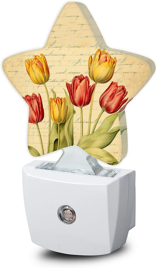 Vintage Tulips Nightlight,Spring Flowers Star Night Lights Plug into Wall Decorations for Bedroom Bathroom,Dusk to Dawn Sensor Kitchen Hallway Stairs Energy Efficient Desk Lamp