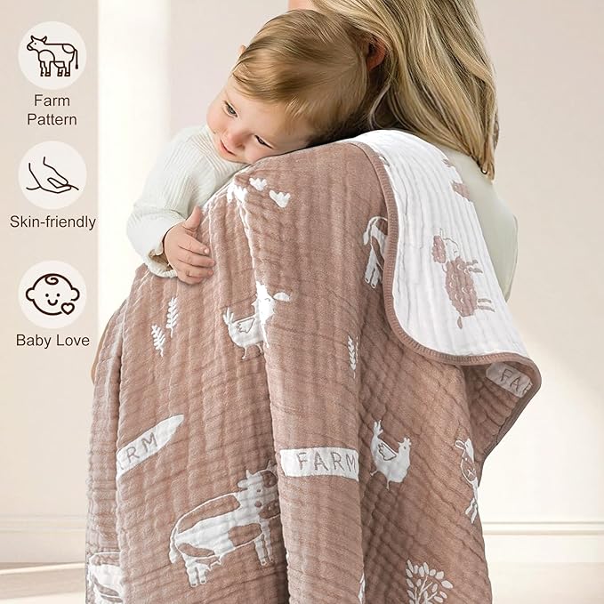 BOPRIO Ultra Soft Muslin Baby Blanket 6 Layers Neutral Swaddles Bed Blankets with Lovey Animal Design for Newborn Babies Kids Toddlers 43 x 43 Inch (Brown Woodland)