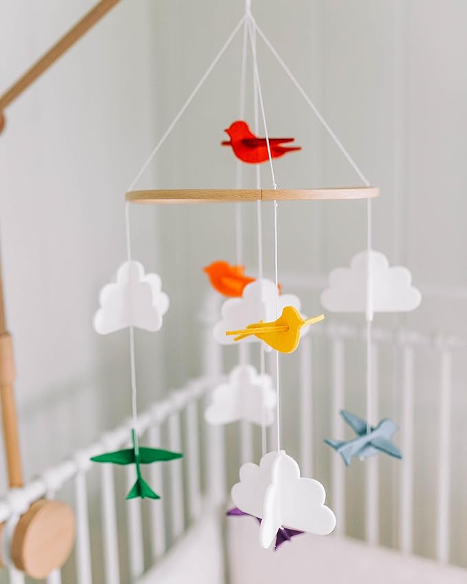Baby Crib Mobile (Rainbow Birds in The Clouds, w/Garland) - Felt Nursery Ceiling Decoration and Baby Shower Gift for Girls & Boys