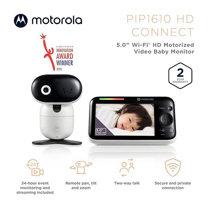 Motorola Nursery WiFi Baby Monitor with Camera, 5" Screen, Wall Mount, Long Range, 2-Way Audio, Temperature Sensor, Motorized, Lullabies, Cry Detection, PIP1610 HD Connect