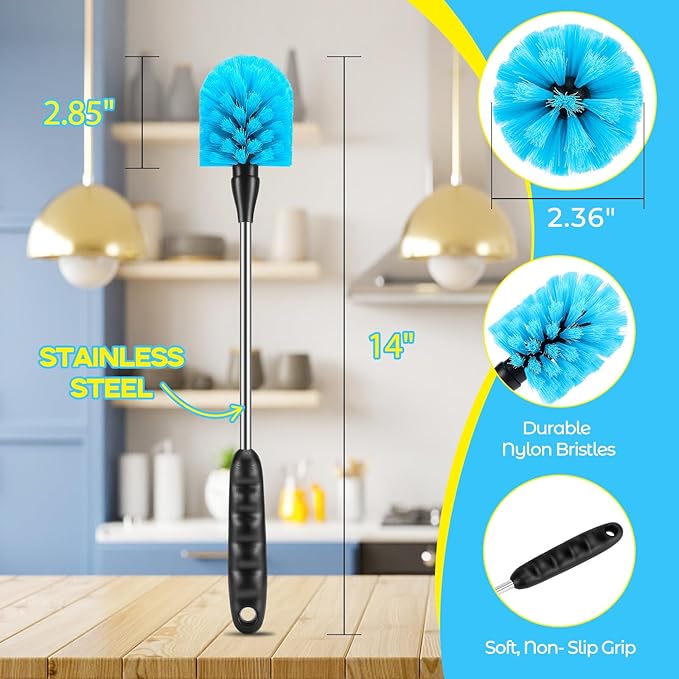 5 Pack Bottle Cleaning Brush Set, Stainless Steel Scrub Cleaner Brush with 14'' Long Handle and 3 Straw Brushes, Flexible for Cleaning Sport Water Bottles, Straws, Coffee Mug, Cups, Baby Bottle