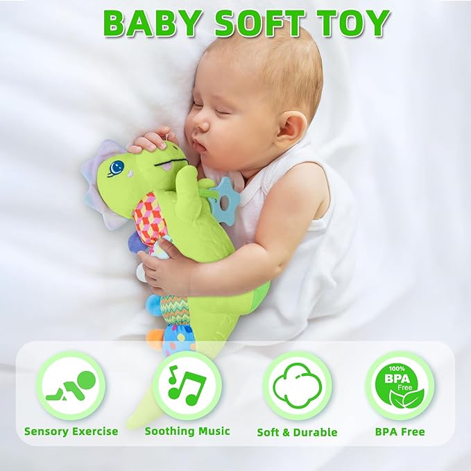 Baby Dino Musical Stuffed Animal Toys for 0-3-6-9-12 Months，Infant Dinosaur Tummy Time Toys with Crinkle Sound Paper,Teether，Textures & Rattles for Newborn Boys Girls Birthday Gifts，Green