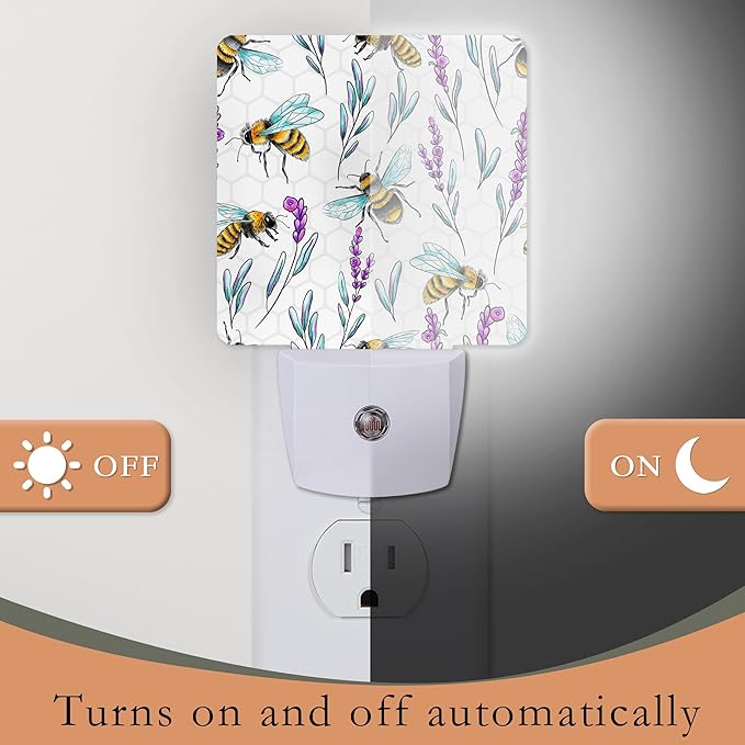 Night Light With Bees and Lavender Flowers - Dusk to Dawn Sensor for Kids, Girls, Boys, Women, Men - Room Decor for Hallway, Kitchen, Bathroom, Nursery, Stairs
