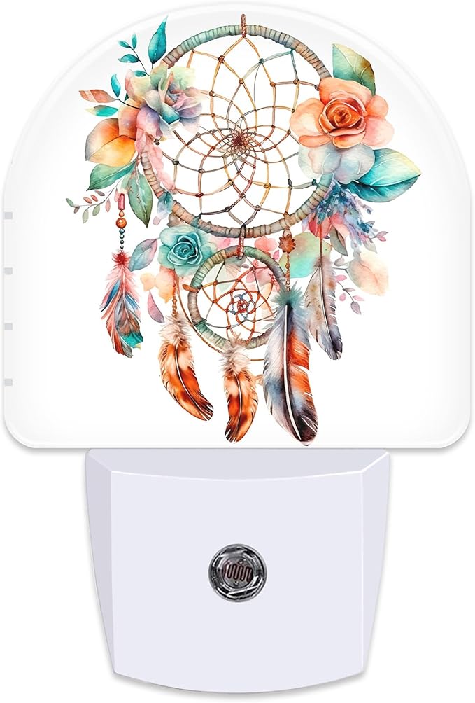 Boho Dream Catcher Flowers Night Light, Watercolor Boho Feathers Floral Dusk to Dawn Night Light Plug in, 0.5w Energy Saving Sleep Friendly NightLight for Kids Boys Girls Home Decor