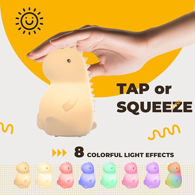 LED Squishy Animal Night Light - 2 Level Dimmable Nursery Lamp for Kids, Rechargeable Touch Lamp, Cute Dorm Decor - Perfect Baby Boys Girls Gift (Little Dinosaur)