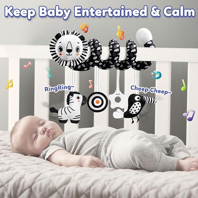 Baby Carseat Toy Black & White Rattle Spiral Hanging Activity Stroller Toy for Newborns Boys and Girls - Lion