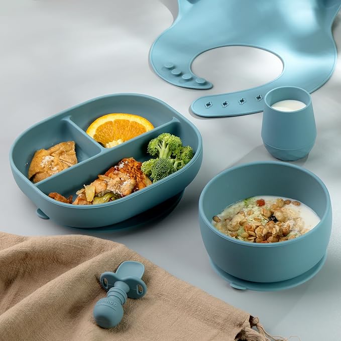 SAMiGO Silicone Baby Bowl and Spoon Set with Suction and Lid, First Stage Self Feeding Essentials, Food Bowl for 6+ Months