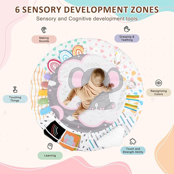 Baby Play Gym & Activity Mat, Tummy Time Mat with Tummy Time Pillow 7 Detachable Sensory Toys and Educational Cards for Motor Skills & Sensory Development, Baby Essentials Shower Gift, Pink Elephant