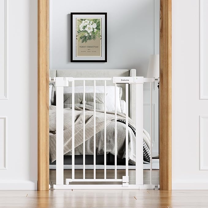 BABELIO Baby Gate for Doorways and Stairs, 26-31" Pet Gate with Wide Walk Thru Door and Lock Indicator, No Drill Pressure Mounted Safety Gate with Double Lock and Self-Closing, White